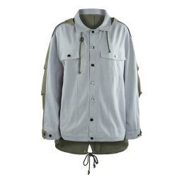 【大尺碼】簡約中性風 前短後長夾克與襯衫拼接混合外套