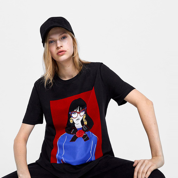 個性酷女孩印花 圓領短袖寬鬆T恤