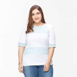 【大尺碼】甜美蕾絲 撞色拼接短袖百搭寬鬆上衣