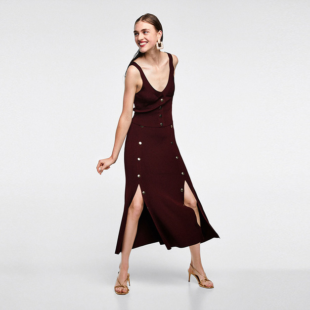 復古風 酒紅雙排釦側邊開叉長裙