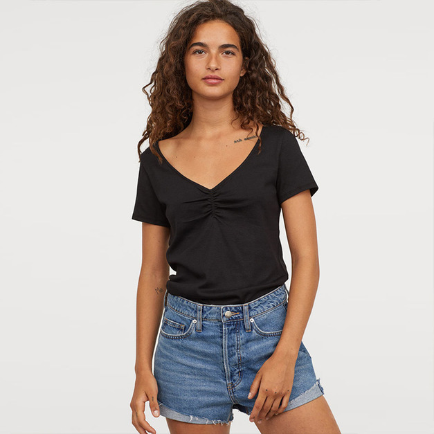 深V領打摺接縫百搭短袖上衣