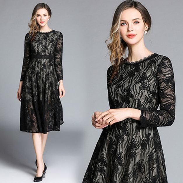 氣質端莊 中長版小香風九分袖蕾絲洋裝