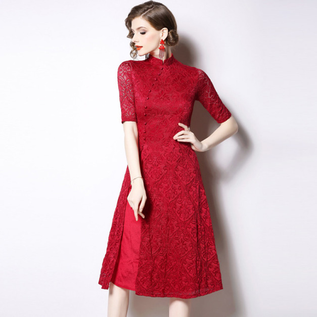 復古經典旗袍設計風蕾絲禮服洋裝 (3色)