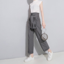 高腰顯瘦 鈕釦綁腰設計休閒九分褲 (2色)