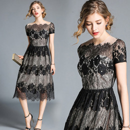 蕾絲花邊 微透漸層感拼接禮服洋裝