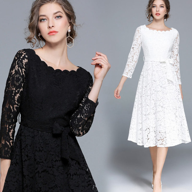 花邊領 小露鎖骨九分袖A字蕾絲洋裝 (2色)