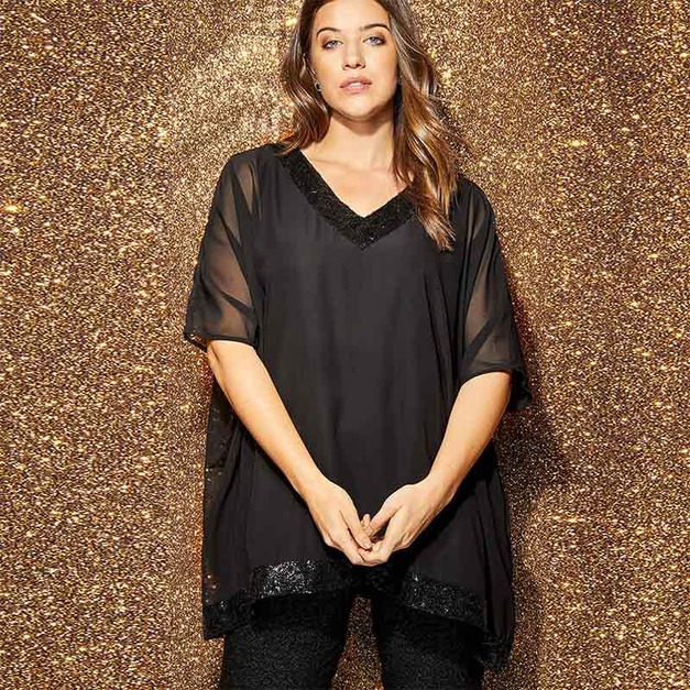 【大尺碼】微透感 亮片拼接風優雅V領上衣