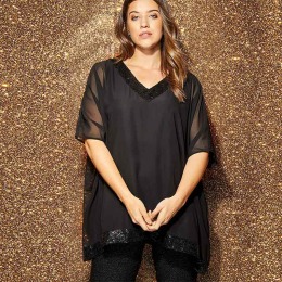 【大尺碼】微透感 亮片拼接風優雅V領上衣