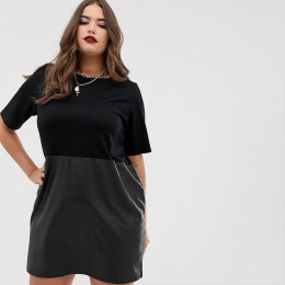 【大尺碼】假兩件式 拼接風OL連身洋裝