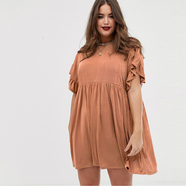 【大尺碼】街頭穿搭 袖口荷葉邊設計圓領洋裝