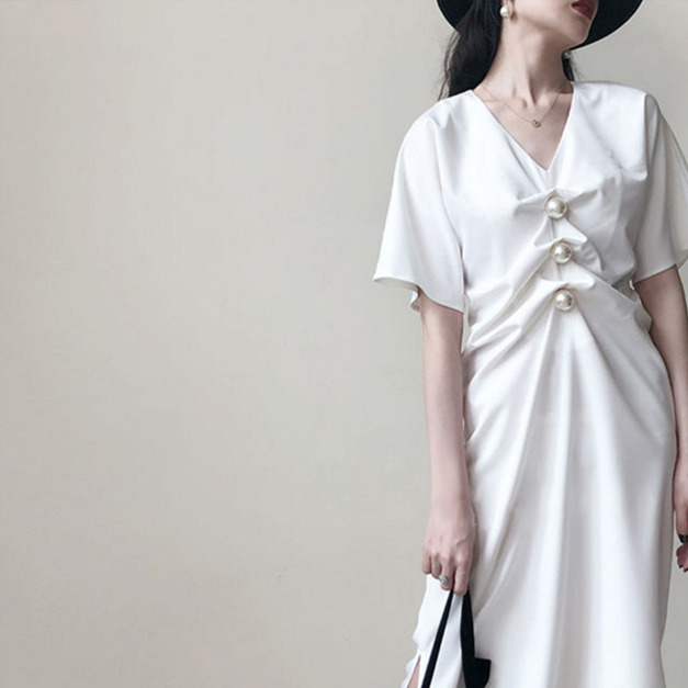 優雅時尚 V領短袖釘珠高腰連身洋裝 (2色)