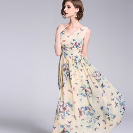 氣質修身 雪紡蝴蝶印花無袖洋裝