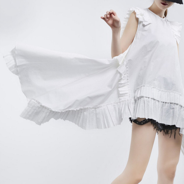 超個性下擺 不規則重工藝壓褶無袖百搭上衣 (2色)