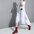高冷氣質 圓領長版寬鬆皺褶飄逸感洋裝 (2色)