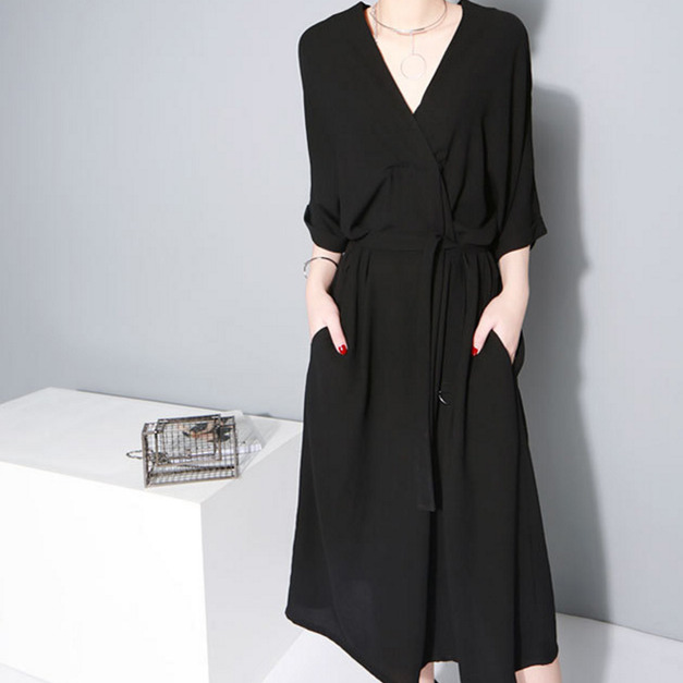 OVERSIZE 涼感舒適寬鬆V領連身裙 (2色)