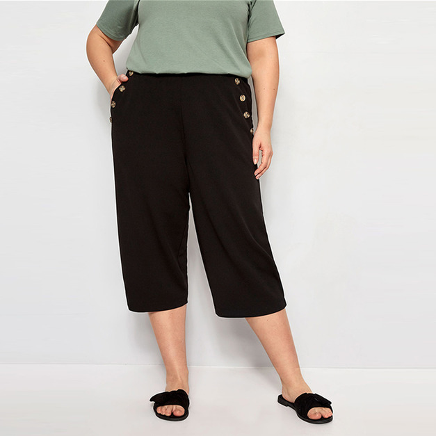 【大尺碼】口袋鈕釦裝飾 休閒簡約七分寬褲