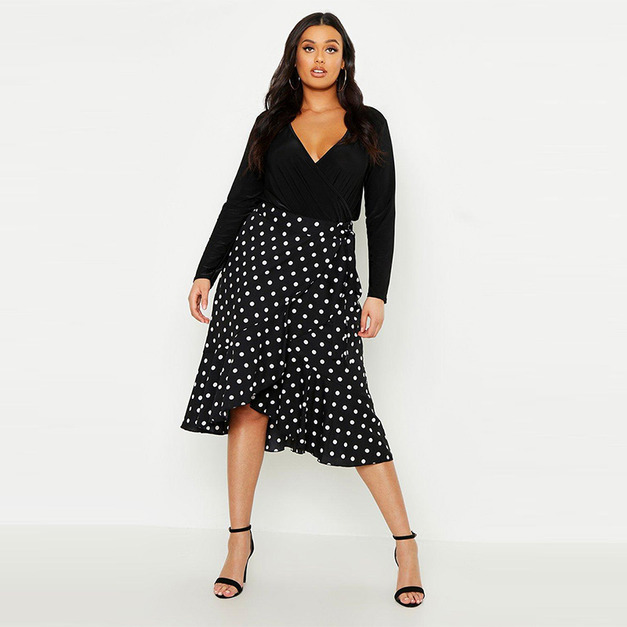 【大尺碼】高腰繫帶垂墜荷葉邊裹身式點點裙子