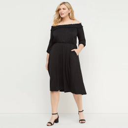 【大尺碼】性感簡約 歐風一字領收腰中長袖洋裝