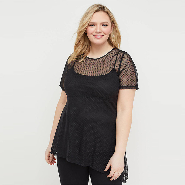 【大尺碼】網紗拼接鏤空不對稱下擺網眼短袖上衣
