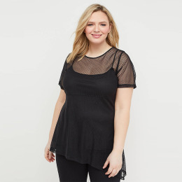 【大尺碼】網紗拼接鏤空不對稱下擺網眼短袖上衣