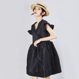 法式復古 收腰花邊袖A字連身蓬蓬裙