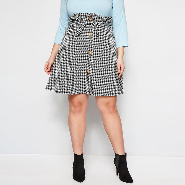【大尺碼】千鳥格紋 門襟鈕釦腰間綁帶及膝裙