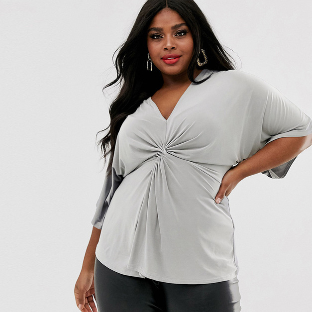 【大尺碼】時尚感扭結設計V領彈力修身上衣