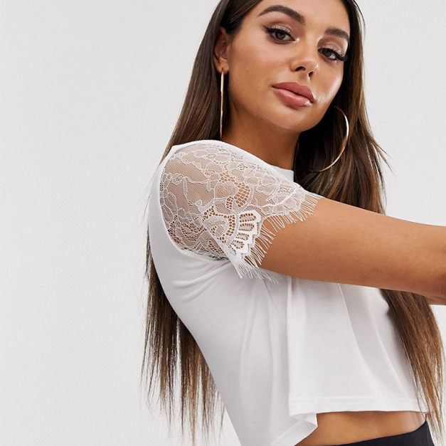 睫毛蕾絲袖 彈性涼感短版上衣 (2色)