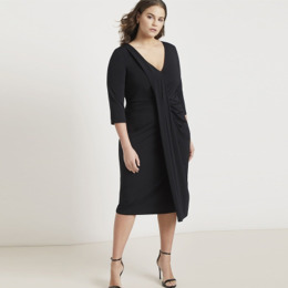 【大尺碼】前不對稱交叉設計OL中長洋裝