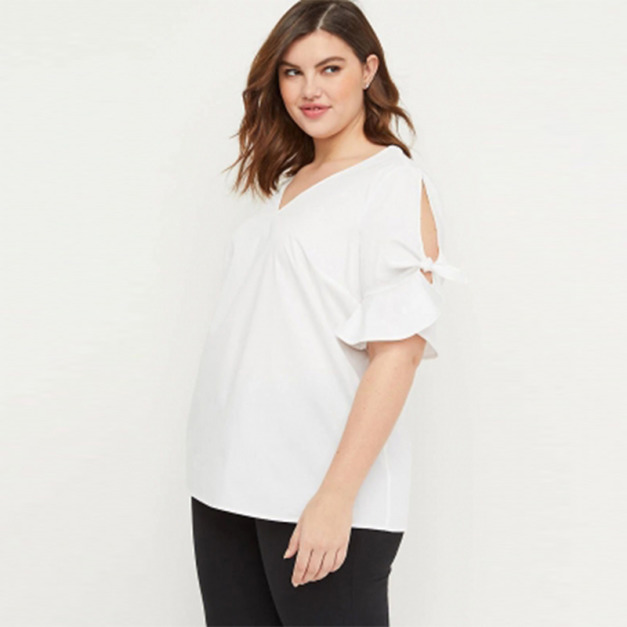 【大尺碼】袖口開叉綁帶 時尚氣質感短袖上衣