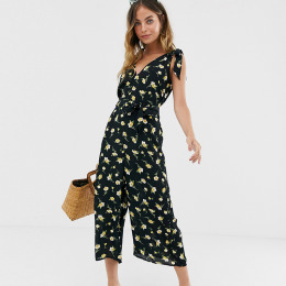 花朵印花 肩部綁帶無袖V領連身寬褲