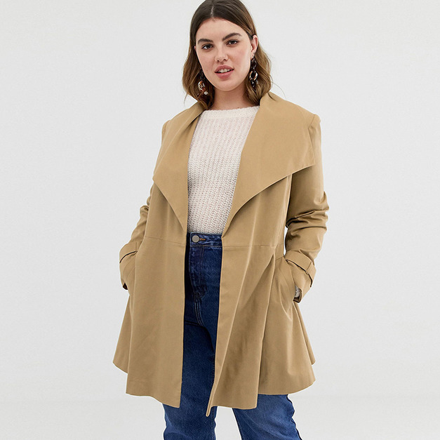 【大尺碼】歐美風 翻領A字下擺綁帶長版風衣外套