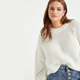 【大尺碼】落肩風格 寬鬆版圓領編織紋毛衣