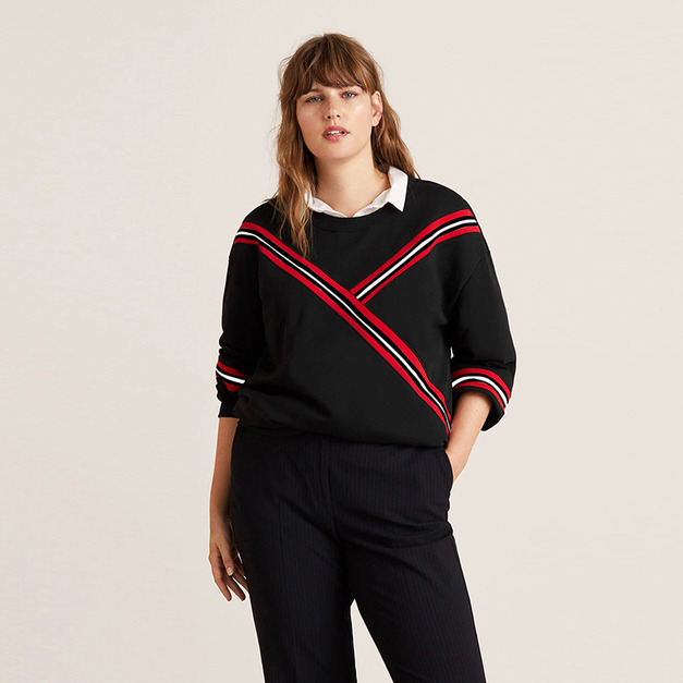 【大尺碼】撞色線條 時尚顯瘦套頭加絨衛衣