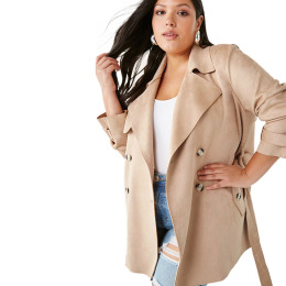 【大尺碼】典雅麂皮絨 雙排扣繫帶風衣小斗篷