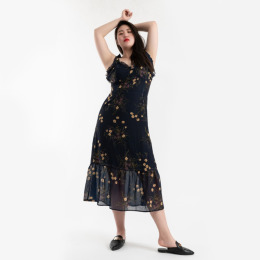 【大尺碼】法式少女 復古碎花肩部綁帶洋裝