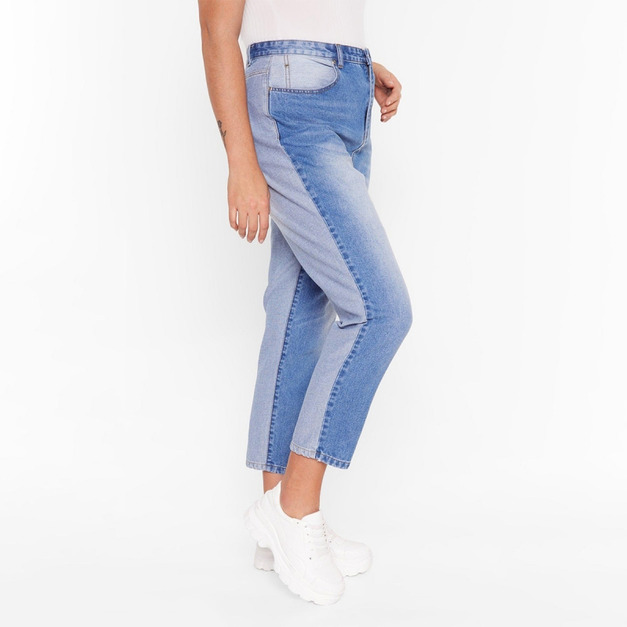 【大尺碼】雙色拼接 個性高腰九分牛仔長褲