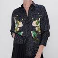 【大尺碼】花朵印花 圓點點風格黑襯衫