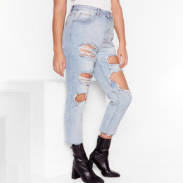 【大尺碼】超性格 毛邊下擺與破洞風牛仔褲