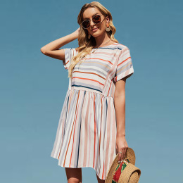 休閒風 寬鬆短袖中長款圓領條紋洋裝