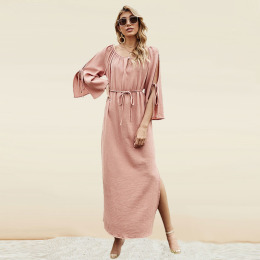 端莊風格 波西米亞開叉長裙高腰素色洋裝