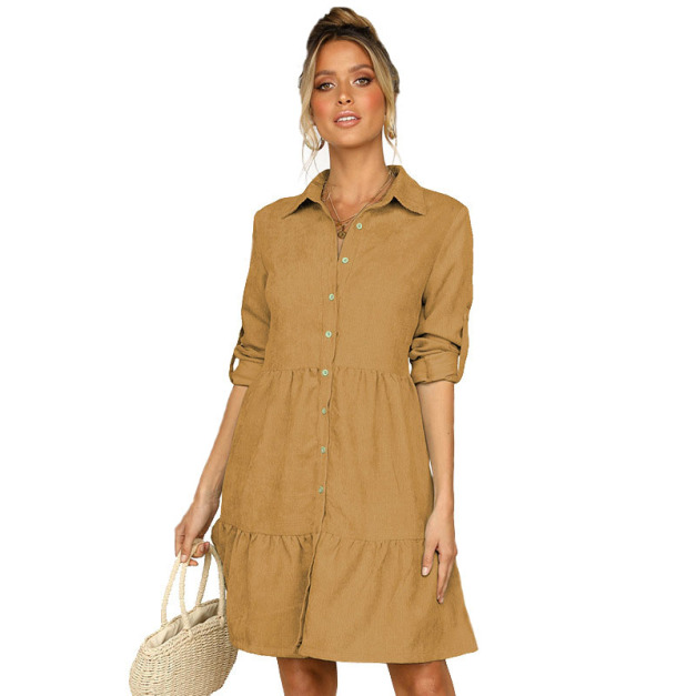 中袖素色 大擺翻領單排扣襯衫洋裝梭織