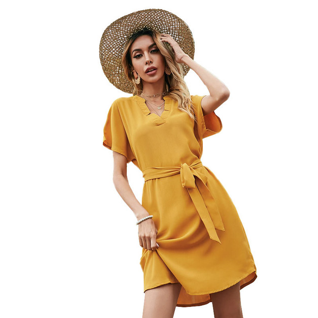 清新甜美 夏季新品V領蝴蝶結綁帶黃色洋裝