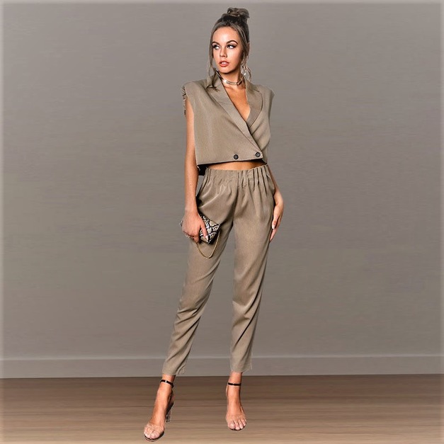俐落風 西裝無袖V領與高腰皺褶長褲套裝