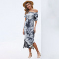 印花洋裝 中長款A字裙露肩水墨