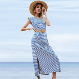 無袖中長款 A字裙條紋洋裝