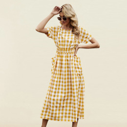 休閒風 大口袋交叉露背格紋洋裝A字裙