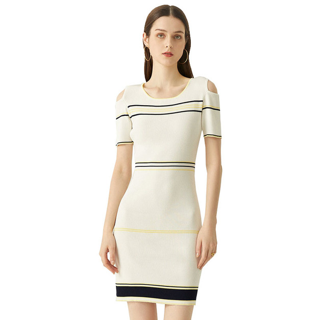 氣質通勤風 紡織科技法式露肩針織裙間色洋裝