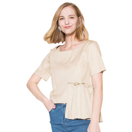 梭織短袖上身女裝 不規則裁剪圓領素色短袖衫