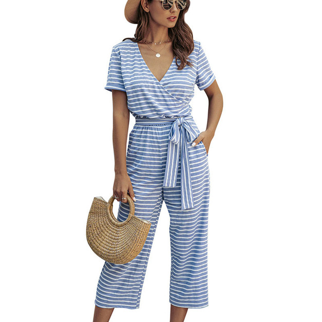 時尚條紋V領 短袖繫帶顯瘦休閒女連身褲